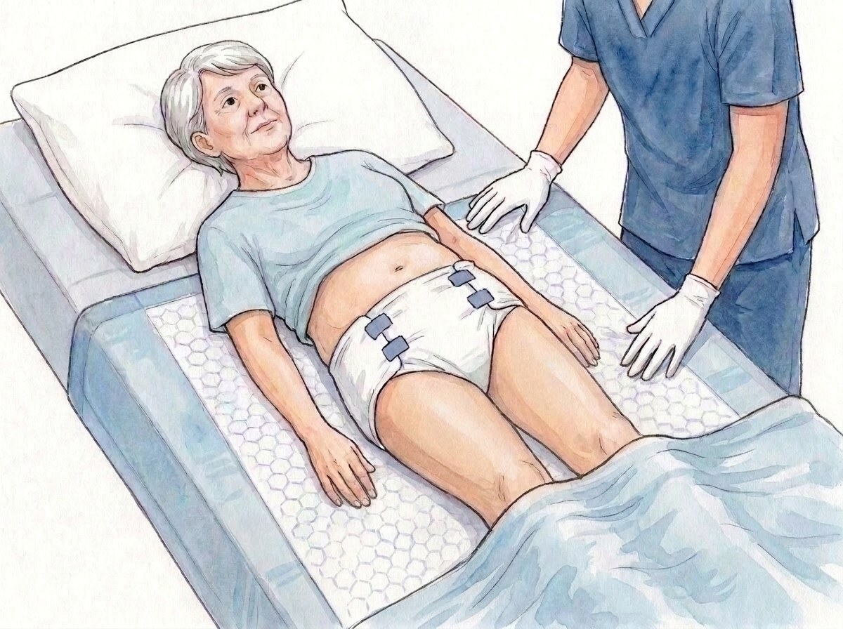 1. Podložka Mati na prostěradle, na celou šířku, záložky zastrčené