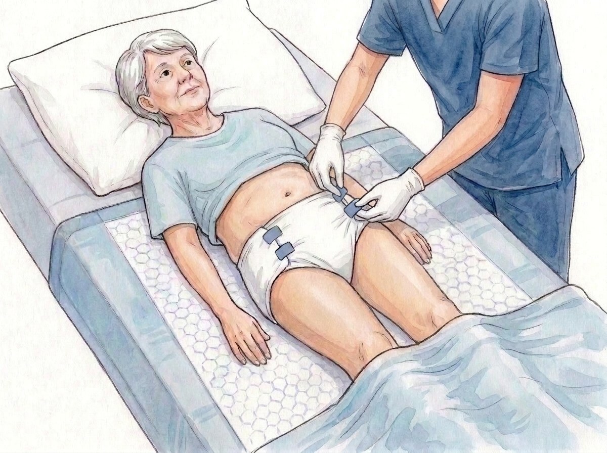 10. Zapněte postupně všechna čtyři lepítka, zezadu dopředu, v úrovni břicha